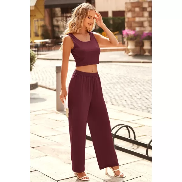 imagePRETTYGARDEN Womens Summer Casual Two Piece Outfits Sweatsuits Tank Scoop Neck Ribbed Knit Long Pants TracksuitsSolid Wine Red