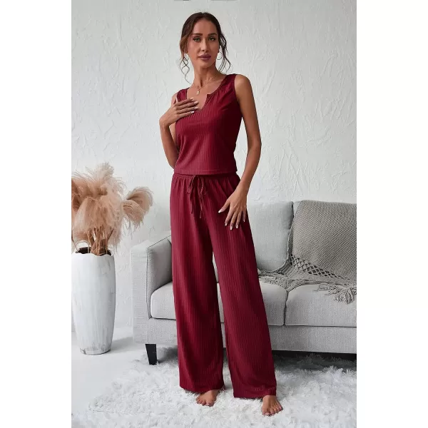 imagePRETTYGARDEN Womens Summer Casual Two Piece Outfits Sweatsuits Tank Scoop Neck Ribbed Knit Long Pants TracksuitsWine Red