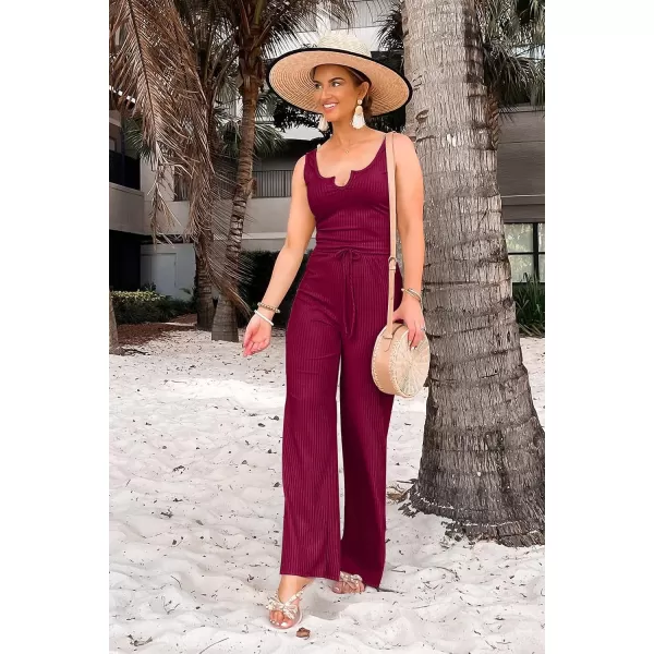 imagePRETTYGARDEN Womens Summer Casual Two Piece Outfits Sweatsuits Tank Scoop Neck Ribbed Knit Long Pants TracksuitsWine Red