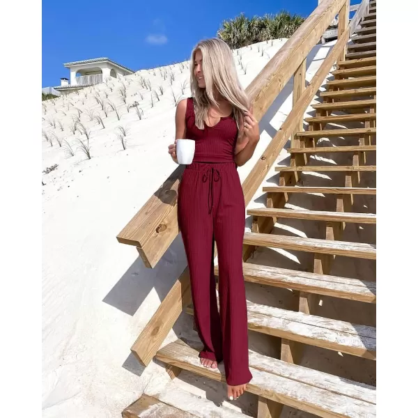 imagePRETTYGARDEN Womens Summer Casual Two Piece Outfits Sweatsuits Tank Scoop Neck Ribbed Knit Long Pants TracksuitsWine Red
