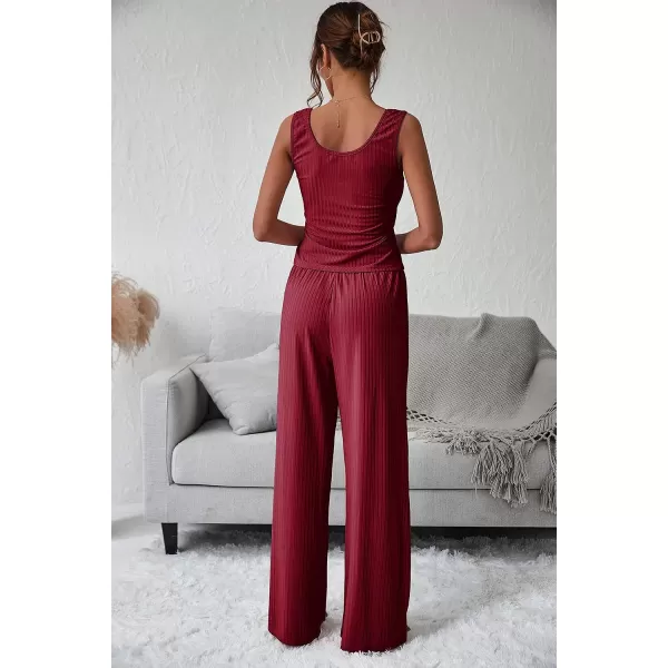 imagePRETTYGARDEN Womens Summer Casual Two Piece Outfits Sweatsuits Tank Scoop Neck Ribbed Knit Long Pants TracksuitsWine Red