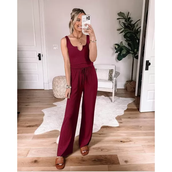 imagePRETTYGARDEN Womens Summer Casual Two Piece Outfits Sweatsuits Tank Scoop Neck Ribbed Knit Long Pants TracksuitsWine Red
