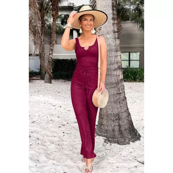 imagePRETTYGARDEN Womens Summer Casual Two Piece Outfits Sweatsuits Tank Scoop Neck Ribbed Knit Long Pants TracksuitsWine Red