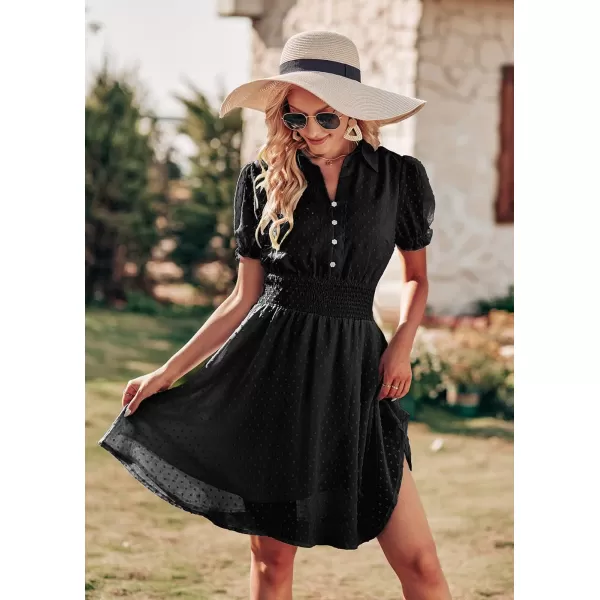 imagePRETTYGARDEN Womens Summer Dress Casual V Neck Short Sleeve Swiss Dots Elastic Waist Aline Flowy Mini DressesBlack