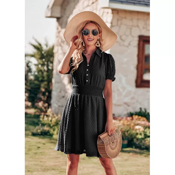 imagePRETTYGARDEN Womens Summer Dress Casual V Neck Short Sleeve Swiss Dots Elastic Waist Aline Flowy Mini DressesBlack