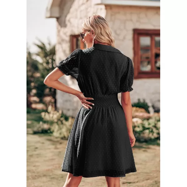 imagePRETTYGARDEN Womens Summer Dress Casual V Neck Short Sleeve Swiss Dots Elastic Waist Aline Flowy Mini DressesBlack
