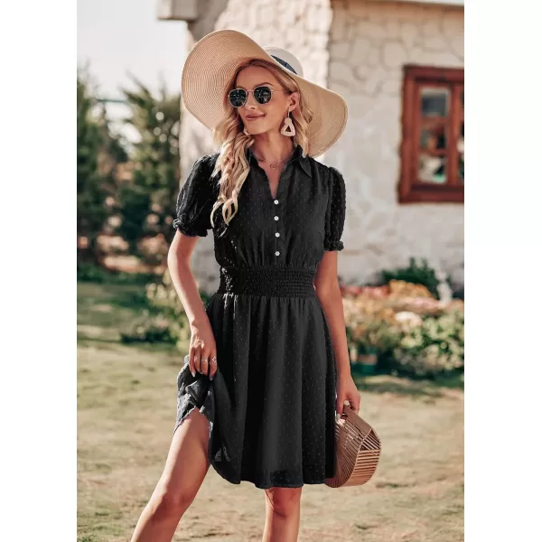 imagePRETTYGARDEN Womens Summer Dress Casual V Neck Short Sleeve Swiss Dots Elastic Waist Aline Flowy Mini DressesBlack