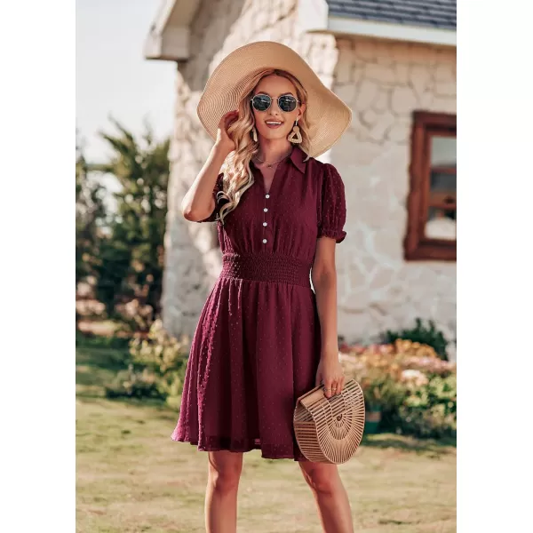 imagePRETTYGARDEN Womens Summer Dress Casual V Neck Short Sleeve Swiss Dots Elastic Waist Aline Flowy Mini DressesBurgundy