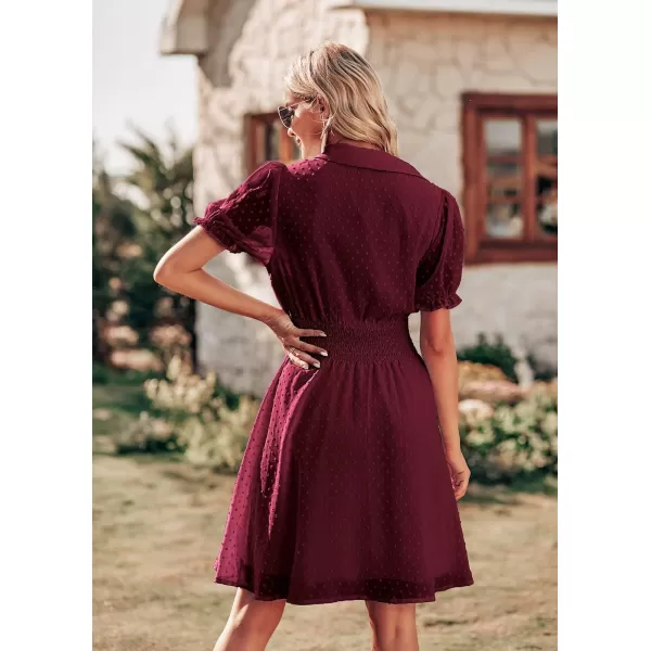 imagePRETTYGARDEN Womens Summer Dress Casual V Neck Short Sleeve Swiss Dots Elastic Waist Aline Flowy Mini DressesBurgundy