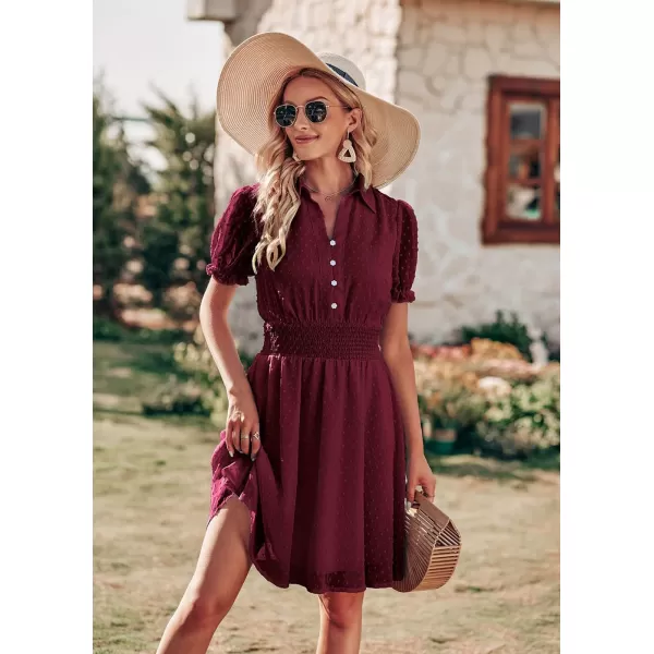 imagePRETTYGARDEN Womens Summer Dress Casual V Neck Short Sleeve Swiss Dots Elastic Waist Aline Flowy Mini DressesBurgundy