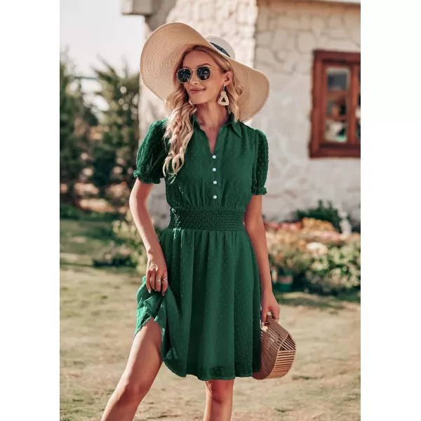 imagePRETTYGARDEN Womens Summer Dress Casual V Neck Short Sleeve Swiss Dots Elastic Waist Aline Flowy Mini DressesGreen