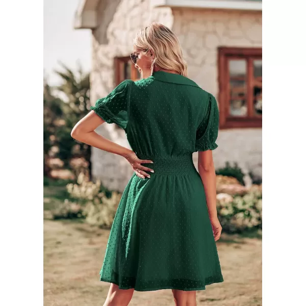 imagePRETTYGARDEN Womens Summer Dress Casual V Neck Short Sleeve Swiss Dots Elastic Waist Aline Flowy Mini DressesGreen