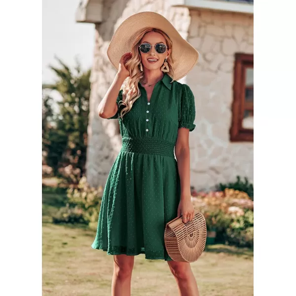 imagePRETTYGARDEN Womens Summer Dress Casual V Neck Short Sleeve Swiss Dots Elastic Waist Aline Flowy Mini DressesGreen