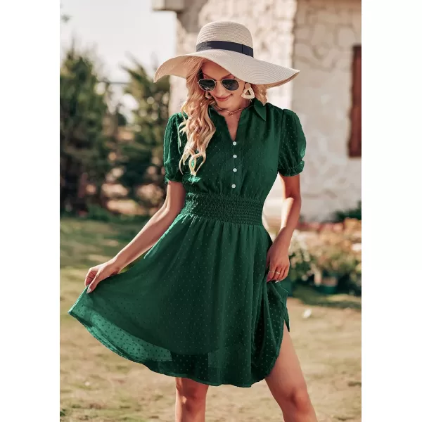 imagePRETTYGARDEN Womens Summer Dress Casual V Neck Short Sleeve Swiss Dots Elastic Waist Aline Flowy Mini DressesGreen