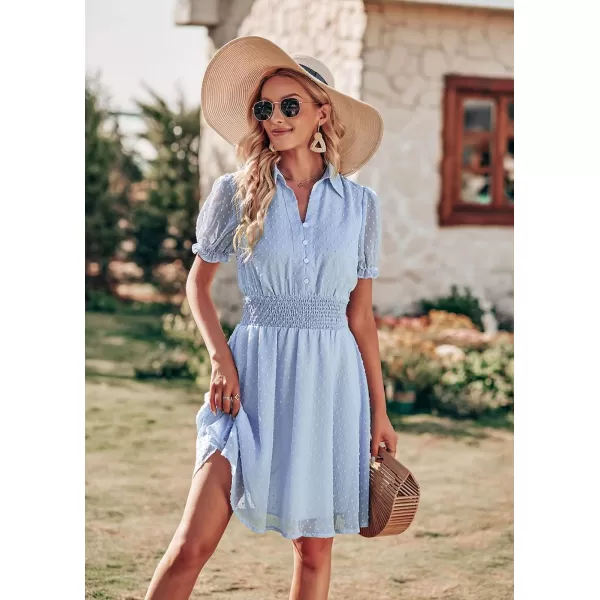imagePRETTYGARDEN Womens Summer Dress Casual V Neck Short Sleeve Swiss Dots Elastic Waist Aline Flowy Mini DressesLight Blue