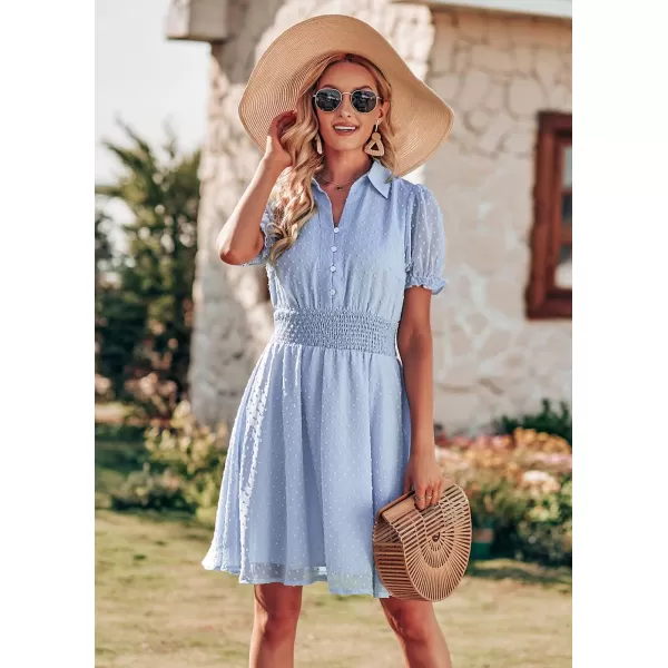 imagePRETTYGARDEN Womens Summer Dress Casual V Neck Short Sleeve Swiss Dots Elastic Waist Aline Flowy Mini DressesLight Blue