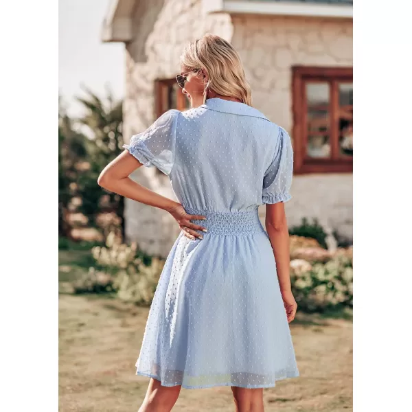 imagePRETTYGARDEN Womens Summer Dress Casual V Neck Short Sleeve Swiss Dots Elastic Waist Aline Flowy Mini DressesLight Blue