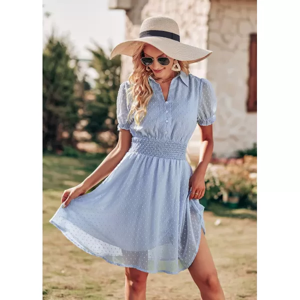 imagePRETTYGARDEN Womens Summer Dress Casual V Neck Short Sleeve Swiss Dots Elastic Waist Aline Flowy Mini DressesLight Blue