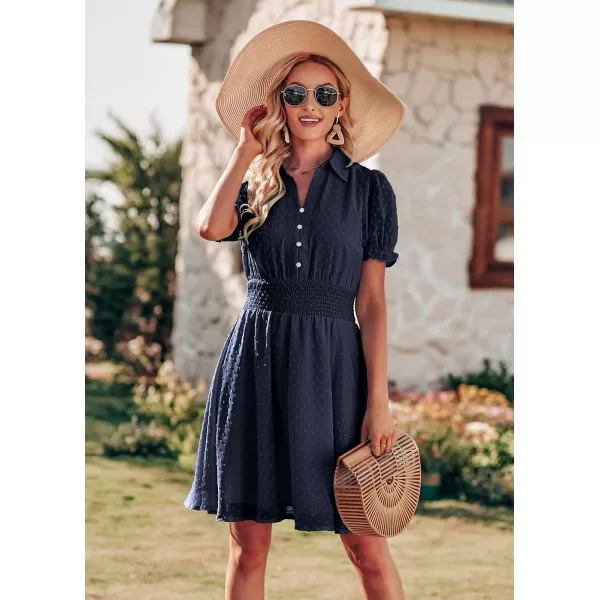 imagePRETTYGARDEN Womens Summer Dress Casual V Neck Short Sleeve Swiss Dots Elastic Waist Aline Flowy Mini DressesNavy