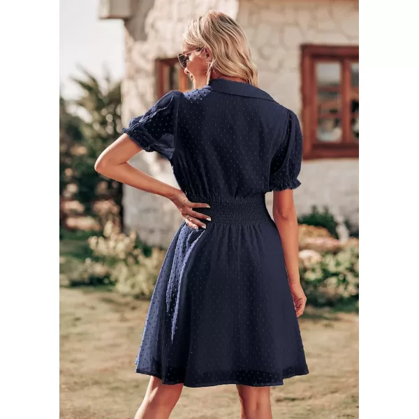 imagePRETTYGARDEN Womens Summer Dress Casual V Neck Short Sleeve Swiss Dots Elastic Waist Aline Flowy Mini DressesNavy
