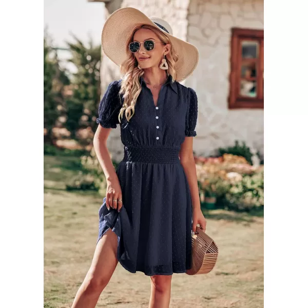 imagePRETTYGARDEN Womens Summer Dress Casual V Neck Short Sleeve Swiss Dots Elastic Waist Aline Flowy Mini DressesNavy