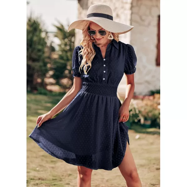 imagePRETTYGARDEN Womens Summer Dress Casual V Neck Short Sleeve Swiss Dots Elastic Waist Aline Flowy Mini DressesNavy