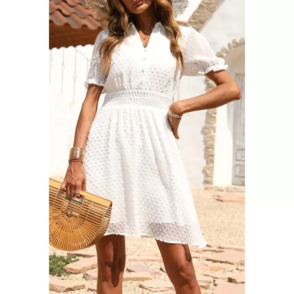 imagePRETTYGARDEN Womens Summer Dress Casual V Neck Short Sleeve Swiss Dots Elastic Waist Aline Flowy Mini DressesWhite