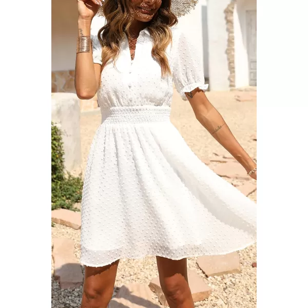 imagePRETTYGARDEN Womens Summer Dress Casual V Neck Short Sleeve Swiss Dots Elastic Waist Aline Flowy Mini DressesWhite