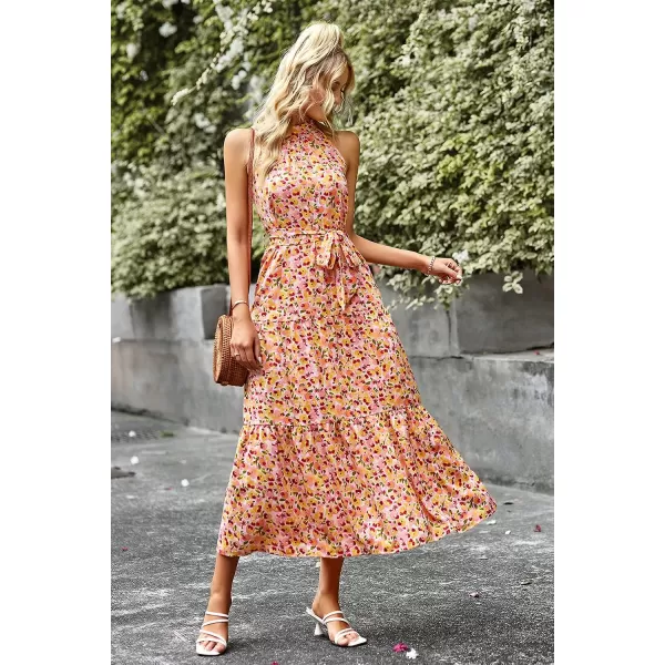imagePRETTYGARDEN Womens Summer Floral Maxi Sun Dress Sleeveless Halter Neck Flowy Ruffle Hem Long Boho Dresses with BeltApricot