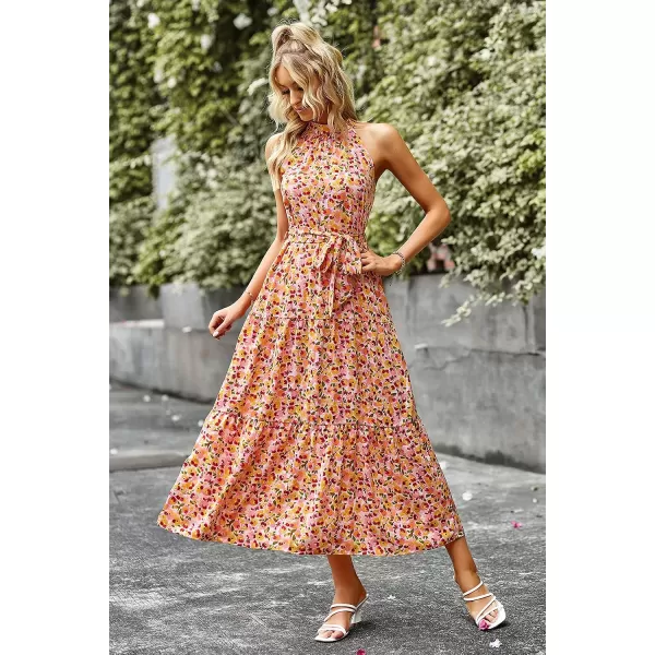 imagePRETTYGARDEN Womens Summer Floral Maxi Sun Dress Sleeveless Halter Neck Flowy Ruffle Hem Long Boho Dresses with BeltApricot