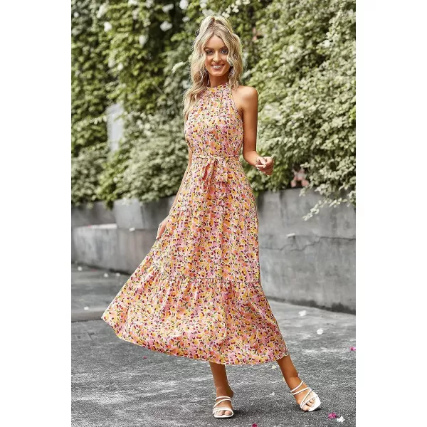 imagePRETTYGARDEN Womens Summer Floral Maxi Sun Dress Sleeveless Halter Neck Flowy Ruffle Hem Long Boho Dresses with BeltApricot