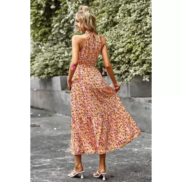 imagePRETTYGARDEN Womens Summer Floral Maxi Sun Dress Sleeveless Halter Neck Flowy Ruffle Hem Long Boho Dresses with BeltApricot