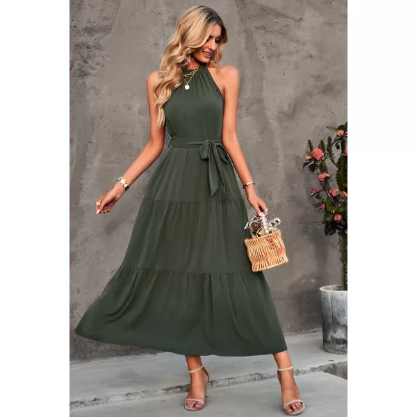 imagePRETTYGARDEN Womens Summer Floral Maxi Sun Dress Sleeveless Halter Neck Flowy Ruffle Hem Long Boho Dresses with BeltArmy Green
