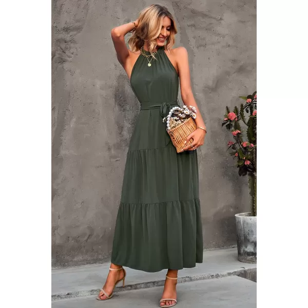 imagePRETTYGARDEN Womens Summer Floral Maxi Sun Dress Sleeveless Halter Neck Flowy Ruffle Hem Long Boho Dresses with BeltArmy Green