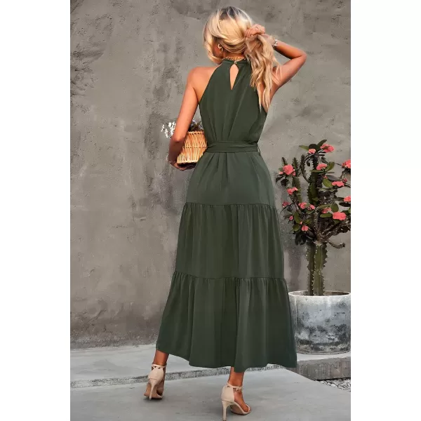imagePRETTYGARDEN Womens Summer Floral Maxi Sun Dress Sleeveless Halter Neck Flowy Ruffle Hem Long Boho Dresses with BeltArmy Green