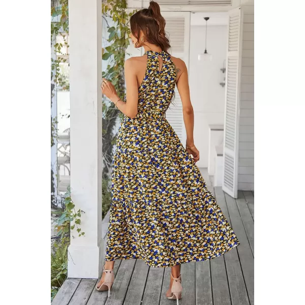 imagePRETTYGARDEN Womens Summer Floral Maxi Sun Dress Sleeveless Halter Neck Flowy Ruffle Hem Long Boho Dresses with BeltBlack