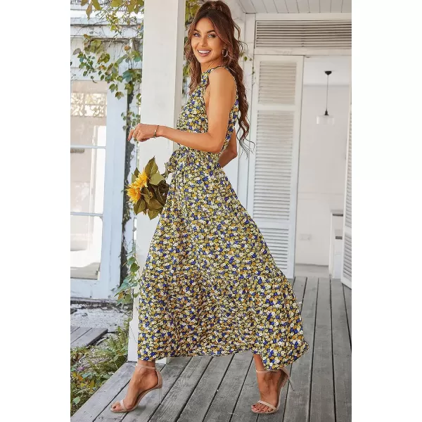 imagePRETTYGARDEN Womens Summer Floral Maxi Sun Dress Sleeveless Halter Neck Flowy Ruffle Hem Long Boho Dresses with BeltBlack