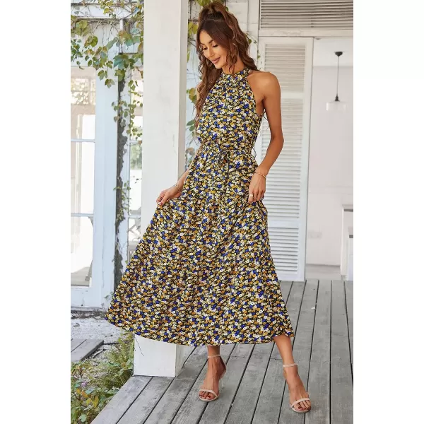 imagePRETTYGARDEN Womens Summer Floral Maxi Sun Dress Sleeveless Halter Neck Flowy Ruffle Hem Long Boho Dresses with BeltBlack
