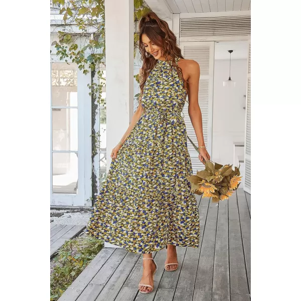 imagePRETTYGARDEN Womens Summer Floral Maxi Sun Dress Sleeveless Halter Neck Flowy Ruffle Hem Long Boho Dresses with BeltBlack
