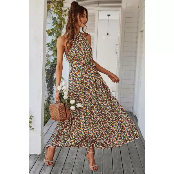 imagePRETTYGARDEN Womens Summer Floral Maxi Sun Dress Sleeveless Halter Neck Flowy Ruffle Hem Long Boho Dresses with BeltBlue