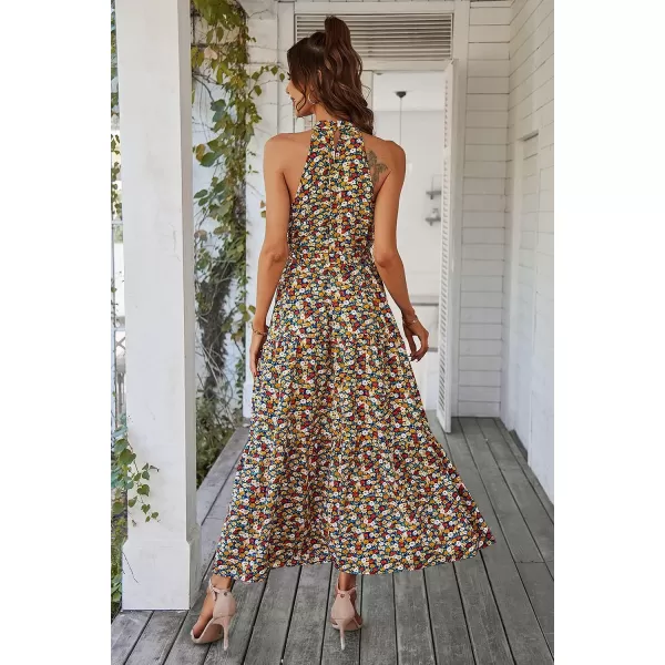 imagePRETTYGARDEN Womens Summer Floral Maxi Sun Dress Sleeveless Halter Neck Flowy Ruffle Hem Long Boho Dresses with BeltBlue
