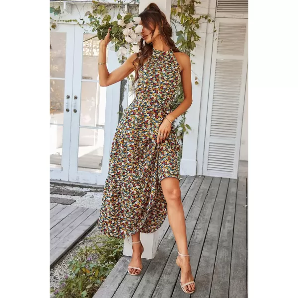 imagePRETTYGARDEN Womens Summer Floral Maxi Sun Dress Sleeveless Halter Neck Flowy Ruffle Hem Long Boho Dresses with BeltBlue