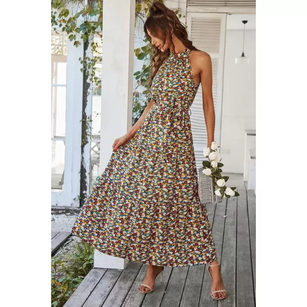 imagePRETTYGARDEN Womens Summer Floral Maxi Sun Dress Sleeveless Halter Neck Flowy Ruffle Hem Long Boho Dresses with BeltBlue