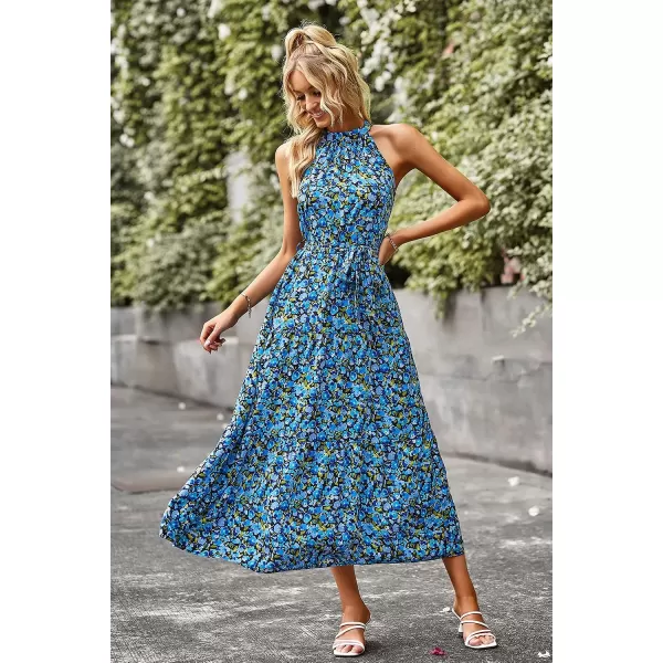 imagePRETTYGARDEN Womens Summer Floral Maxi Sun Dress Sleeveless Halter Neck Flowy Ruffle Hem Long Boho Dresses with BeltBright Blue