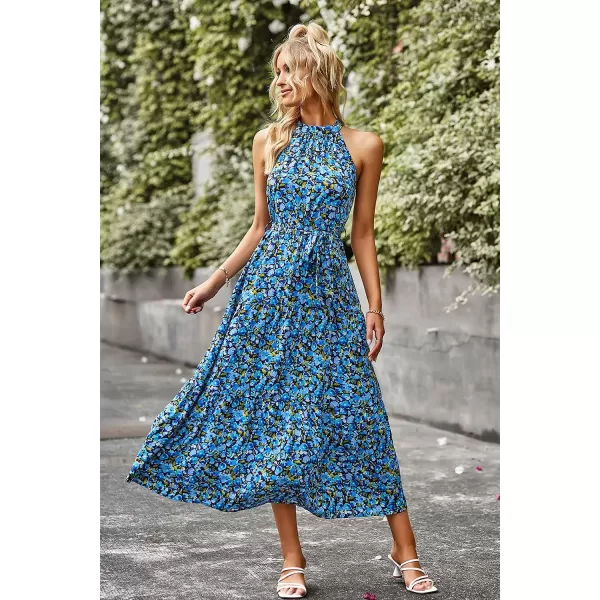 imagePRETTYGARDEN Womens Summer Floral Maxi Sun Dress Sleeveless Halter Neck Flowy Ruffle Hem Long Boho Dresses with BeltBright Blue