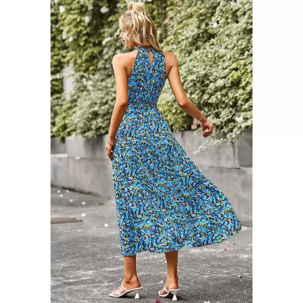 imagePRETTYGARDEN Womens Summer Floral Maxi Sun Dress Sleeveless Halter Neck Flowy Ruffle Hem Long Boho Dresses with BeltBright Blue