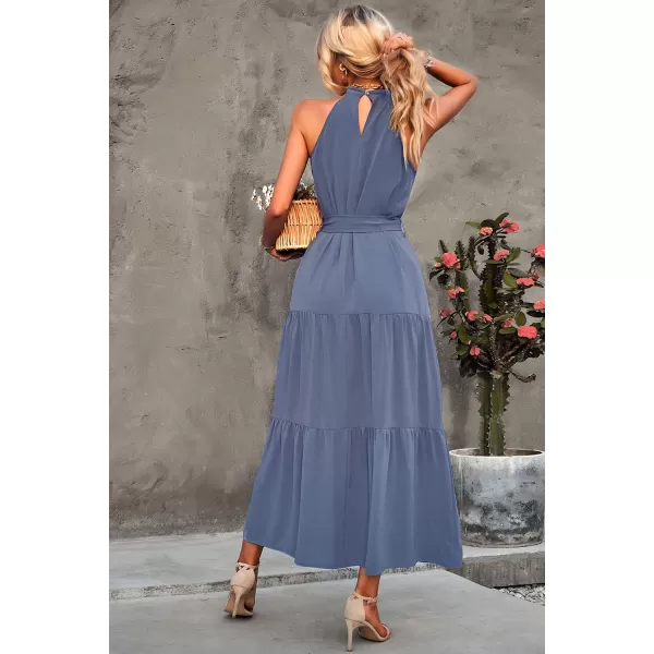 imagePRETTYGARDEN Womens Summer Floral Maxi Sun Dress Sleeveless Halter Neck Flowy Ruffle Hem Long Boho Dresses with BeltGrey Blue