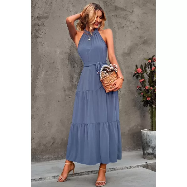 imagePRETTYGARDEN Womens Summer Floral Maxi Sun Dress Sleeveless Halter Neck Flowy Ruffle Hem Long Boho Dresses with BeltGrey Blue