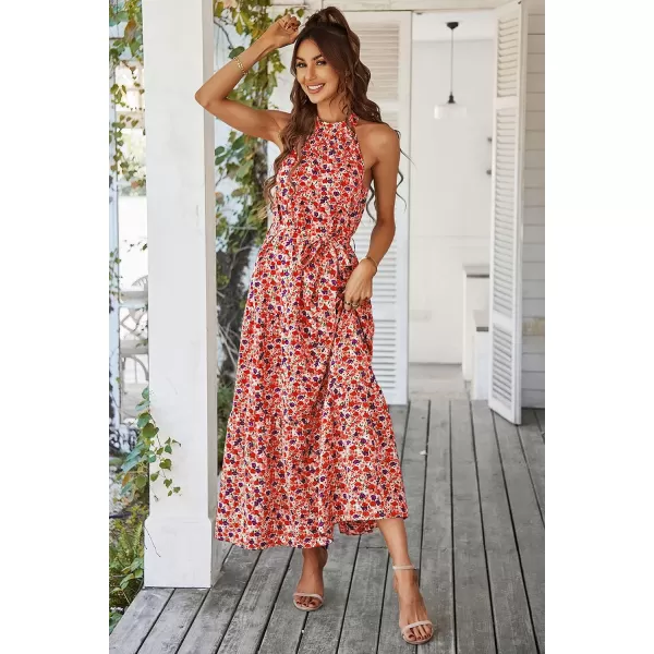 imagePRETTYGARDEN Womens Summer Floral Maxi Sun Dress Sleeveless Halter Neck Flowy Ruffle Hem Long Boho Dresses with BeltPink