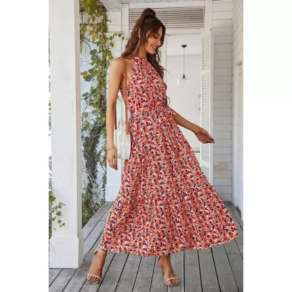 imagePRETTYGARDEN Womens Summer Floral Maxi Sun Dress Sleeveless Halter Neck Flowy Ruffle Hem Long Boho Dresses with BeltPink